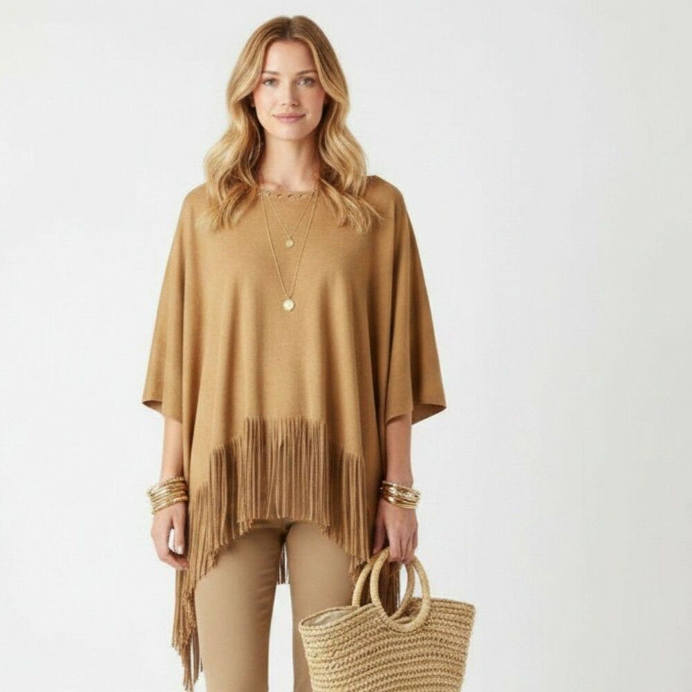 Brown Faux Suede Fringe Laser Cutout Trim Boho Festival Poncho Cape Top OS